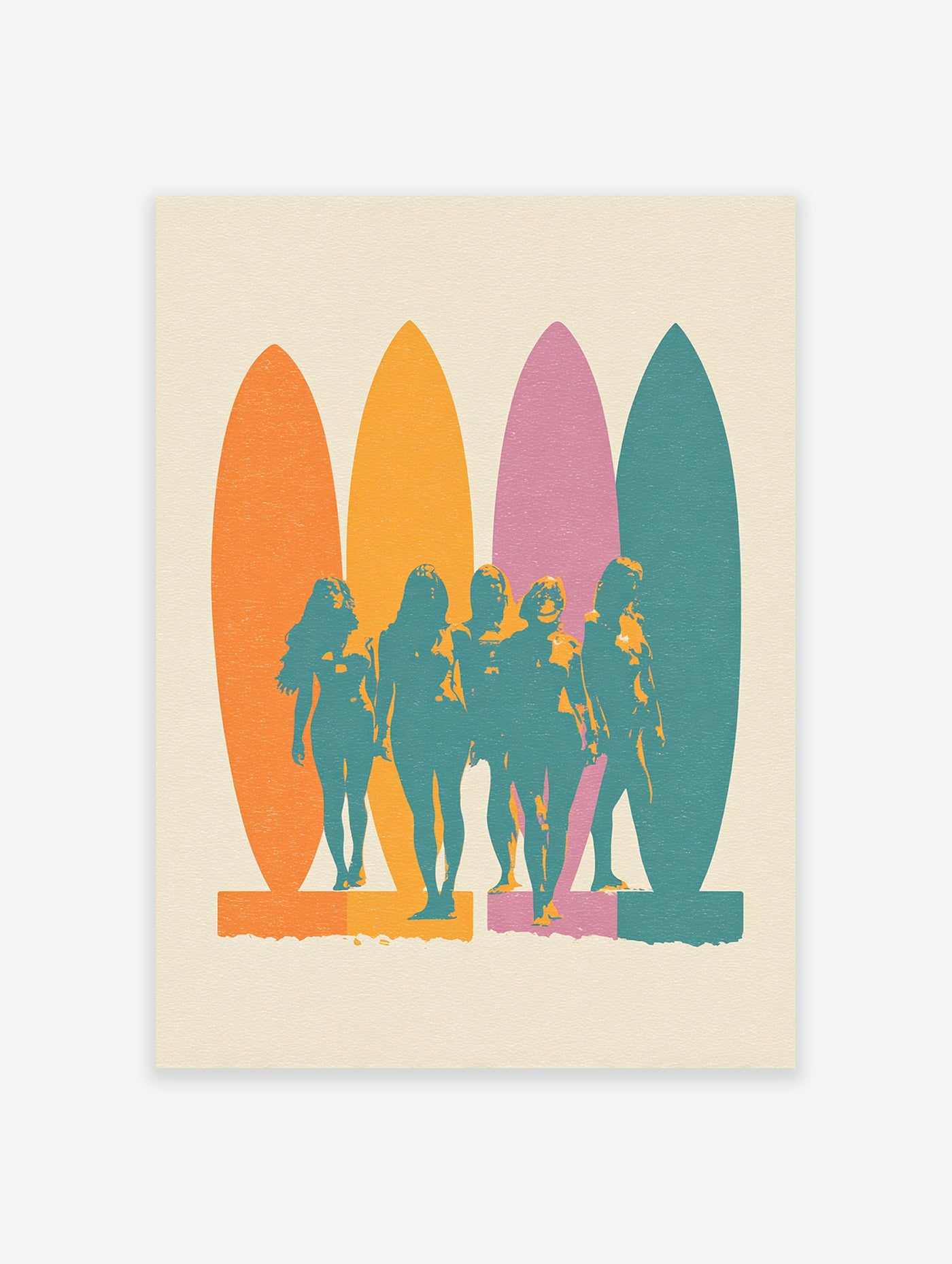 Retro surf poster featuring five teal women standing in front of orange, yellow, pink, and teal surfboards on a cream background.
