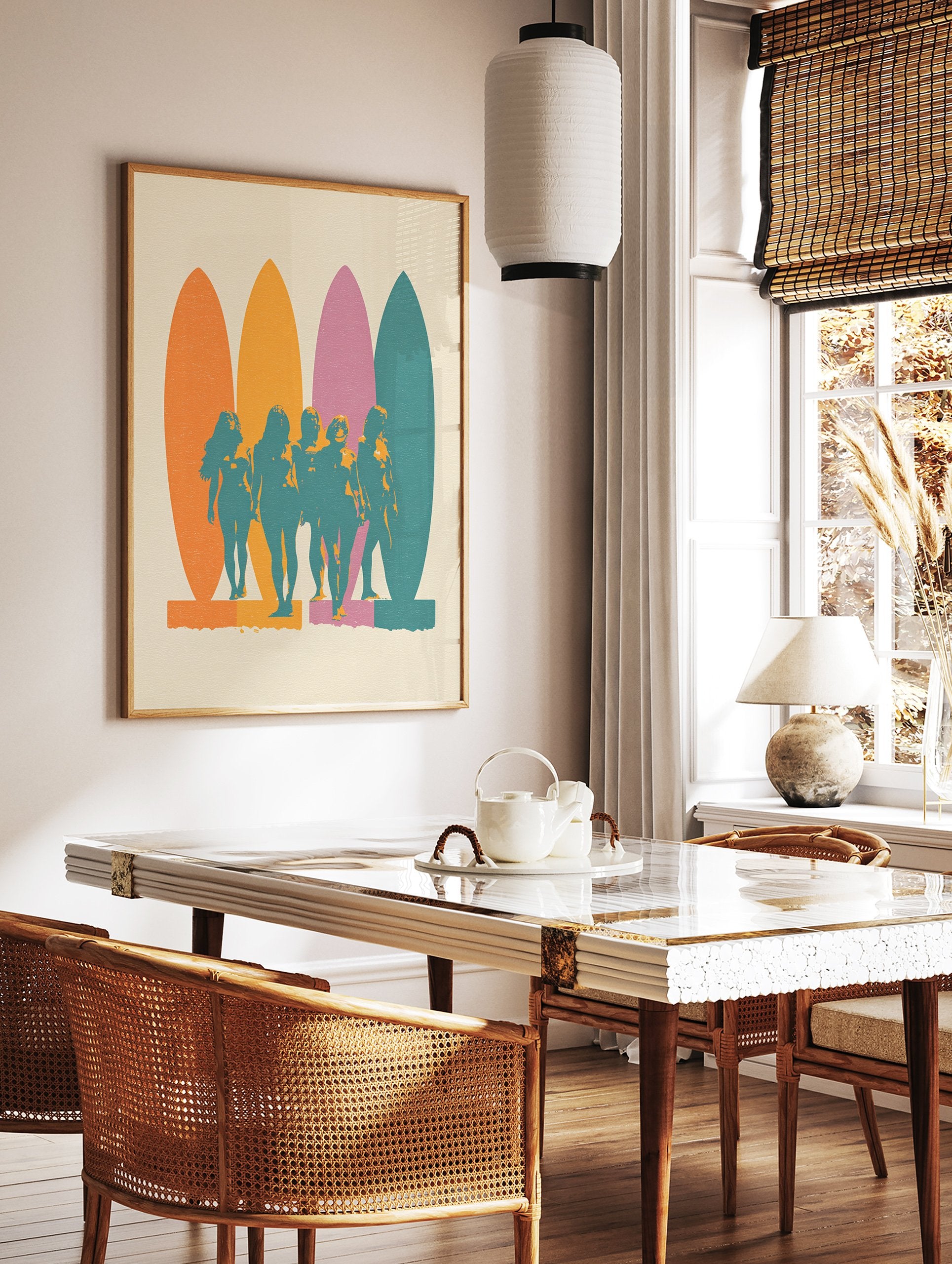 Retro surf poster featuring five teal women standing in front of orange, yellow, pink, and teal surfboards on a cream background. - Image 2