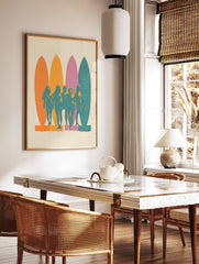 Retro surf poster featuring five teal women standing in front of orange, yellow, pink, and teal surfboards on a cream background. - Image 2
