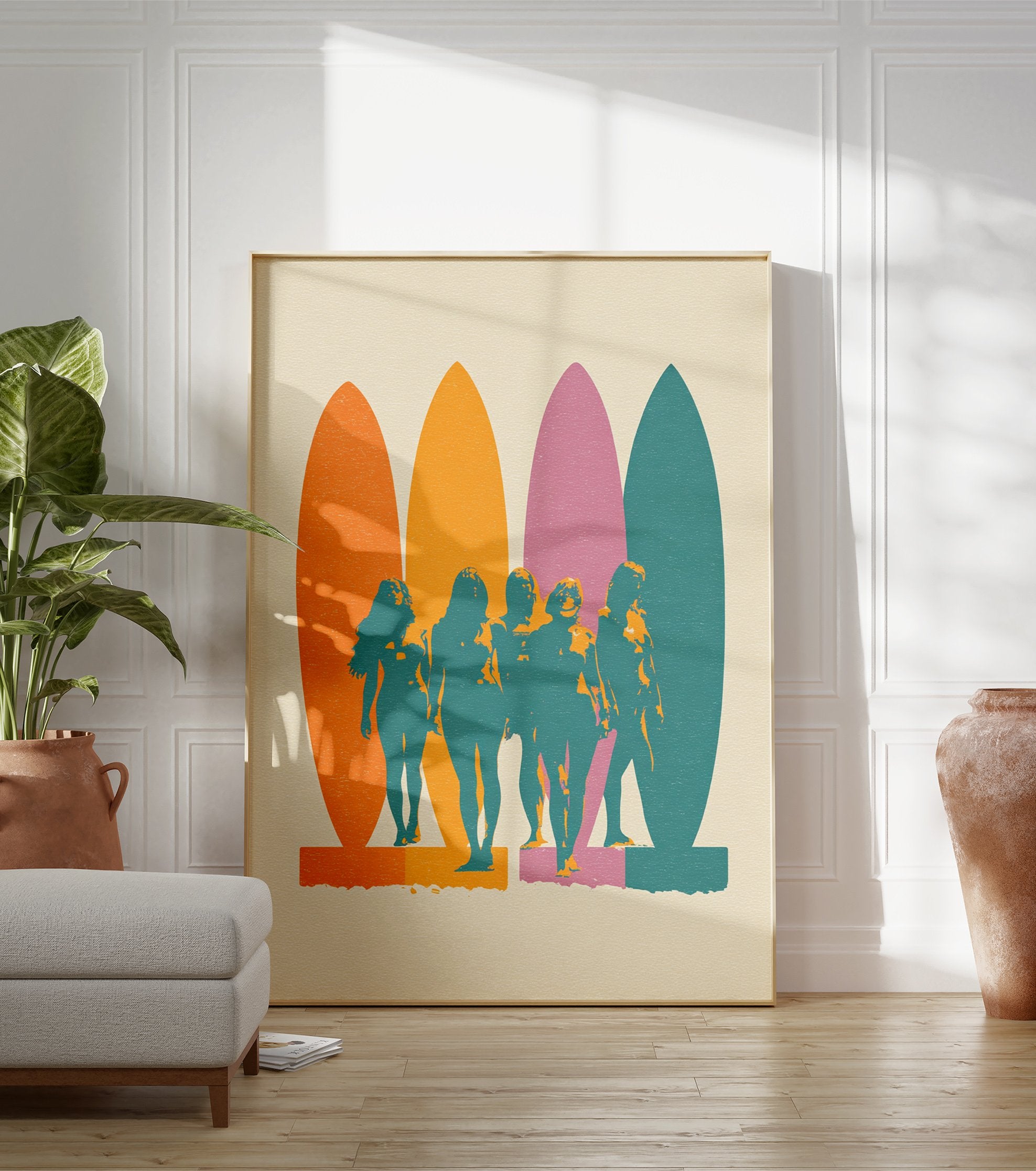 Retro surf poster featuring five teal women standing in front of orange, yellow, pink, and teal surfboards on a cream background. - Image 3