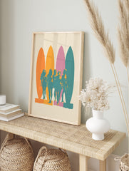 Retro surf poster featuring five teal women standing in front of orange, yellow, pink, and teal surfboards on a cream background. - Image 4