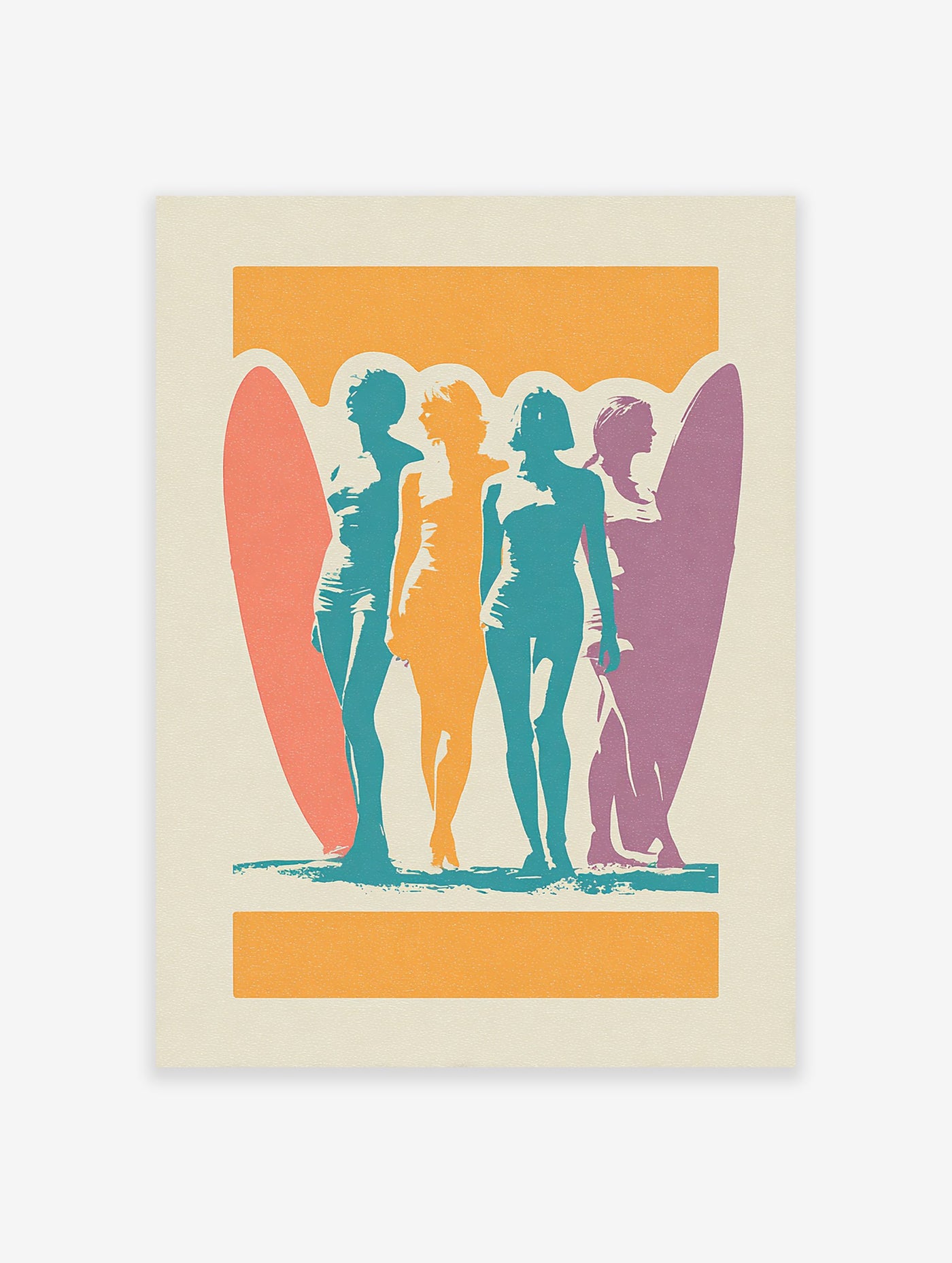 Retro Surf Women Poster with four female silhouettes and surfboards in orange, teal, coral, and purple colors on a cream background.
