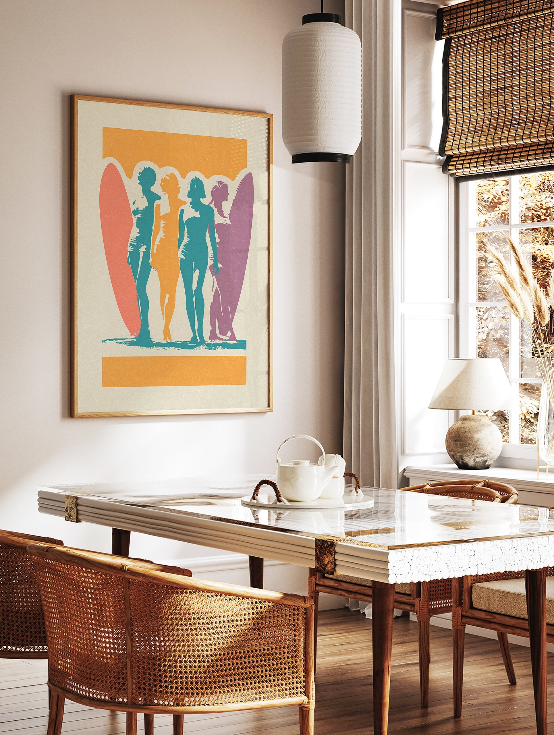 Retro Surf Women Poster with four female silhouettes and surfboards in orange, teal, coral, and purple colors on a cream background. - Image 2