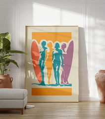 Retro Surf Women Poster with four female silhouettes and surfboards in orange, teal, coral, and purple colors on a cream background. - Image 3