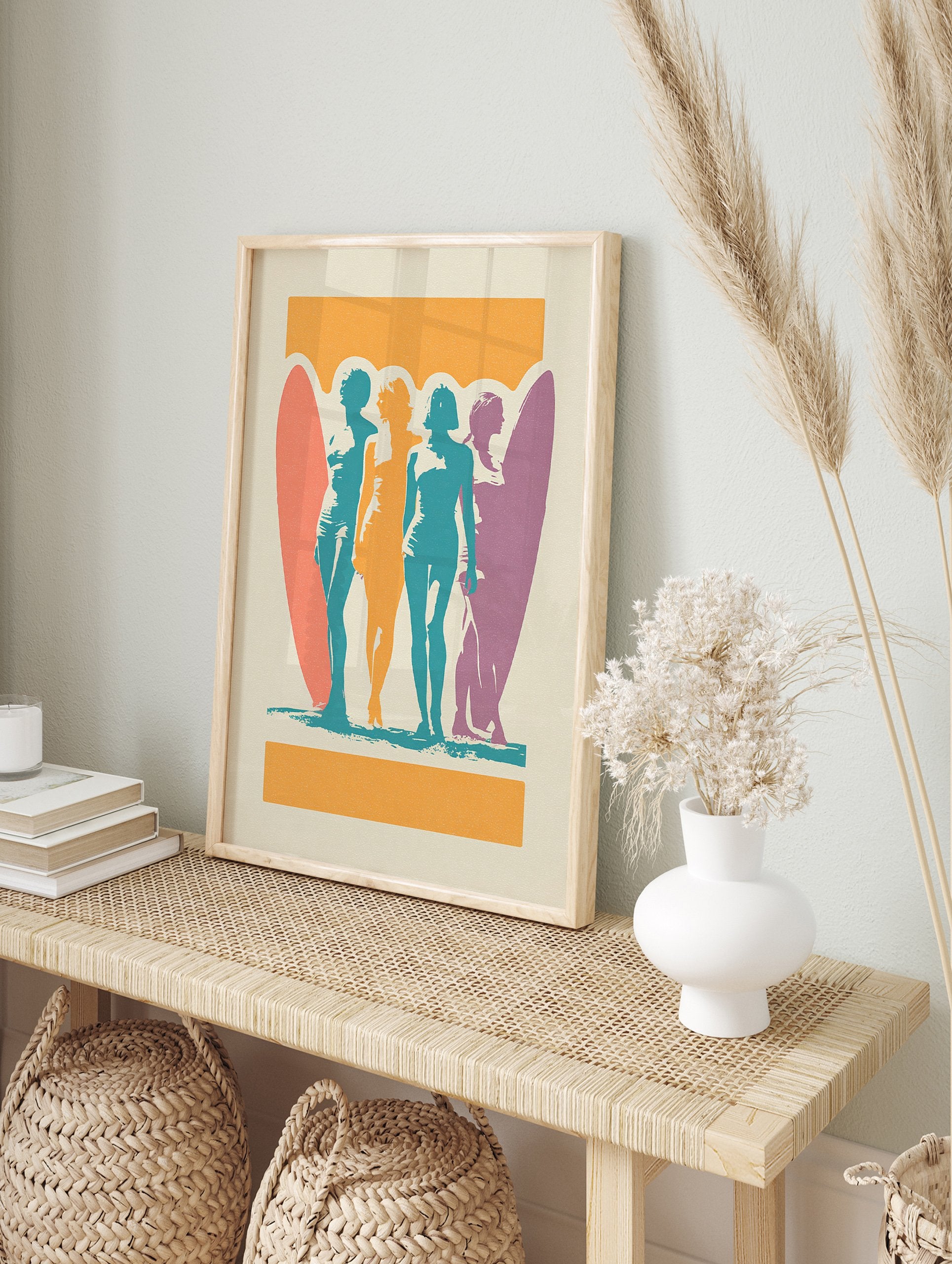 Retro Surf Women Poster with four female silhouettes and surfboards in orange, teal, coral, and purple colors on a cream background. - Image 4