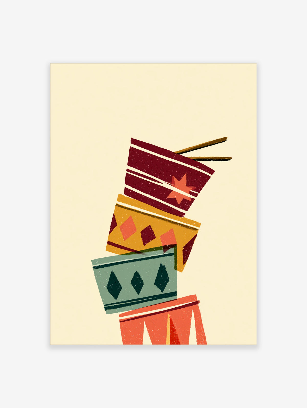 Retro illustration of stacked takeaway noodle boxes with geometric patterns and chopsticks on cream background