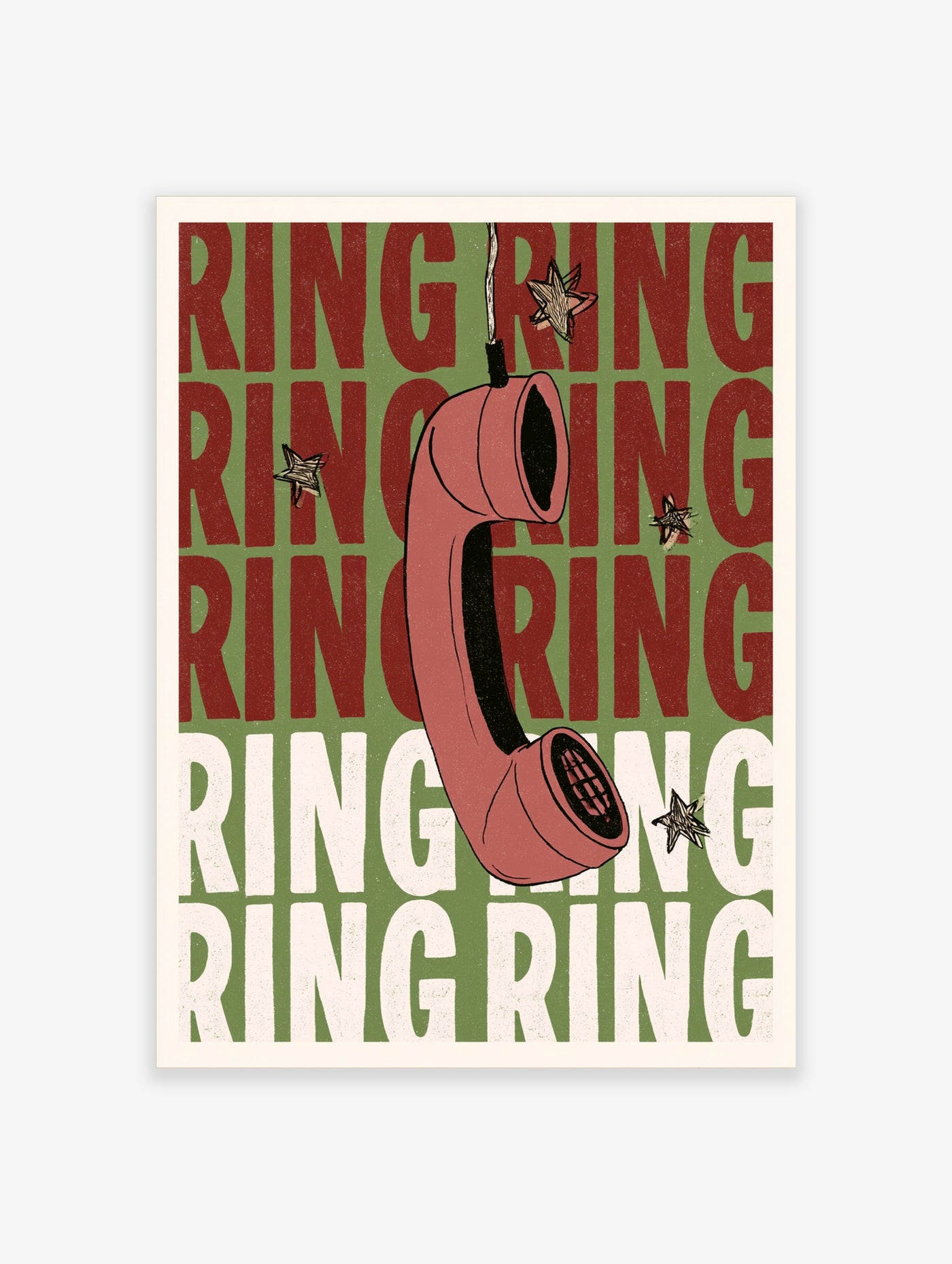 Retro red telephone receiver illustration with repeating RING typography on a green background