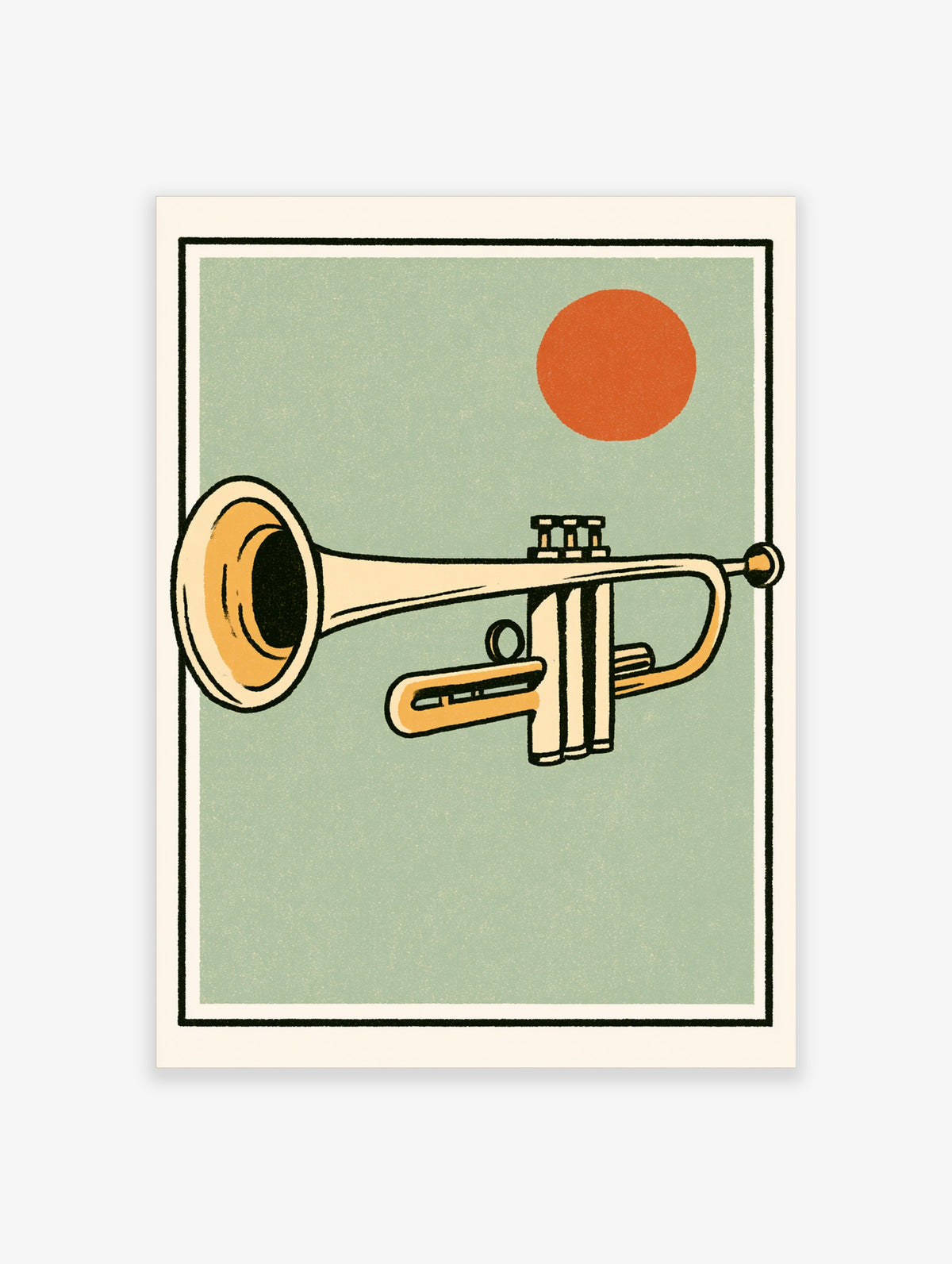 Retro trumpet poster with brass horn, orange sun, and sage green background in mid-century illustration style