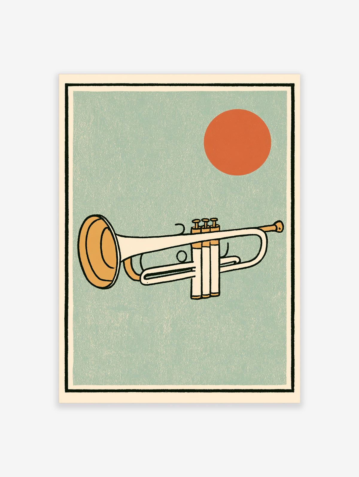 Retro trumpet illustration with orange sun on textured sage green background, mid-century music art print
