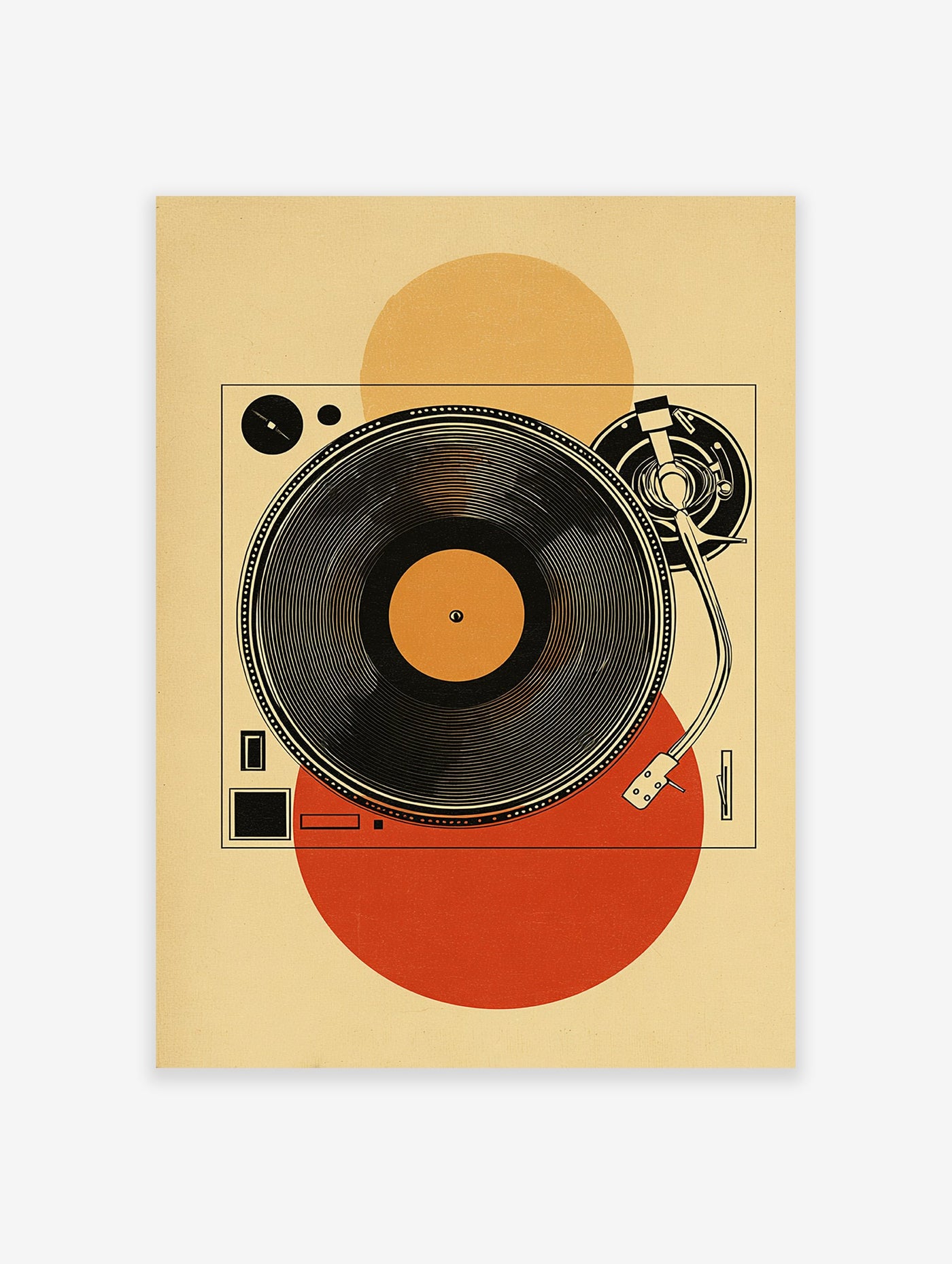 Minimalist retro turntable poster with a black vinyl record and tonearm, set against a beige background with orange and red circles.