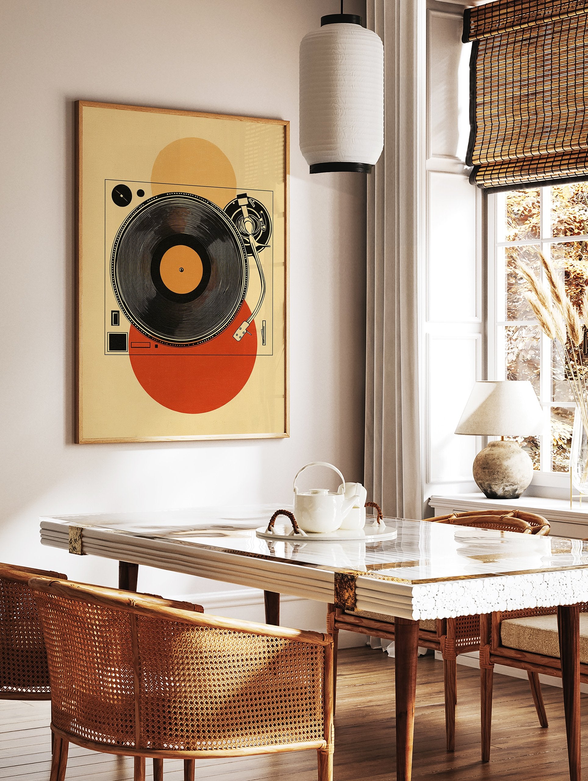 Minimalist retro turntable poster with a black vinyl record and tonearm, set against a beige background with orange and red circles. - Image 2