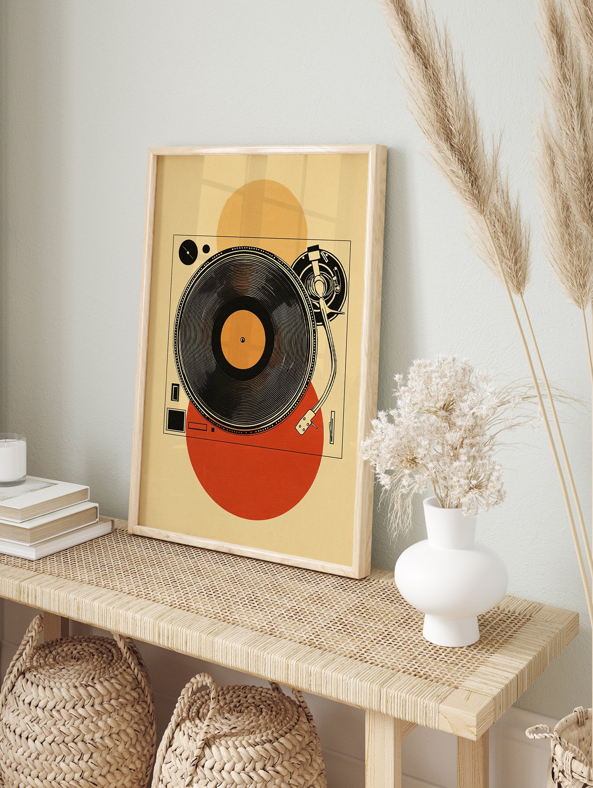 Minimalist retro turntable poster with a black vinyl record and tonearm, set against a beige background with orange and red circles. - Image 4