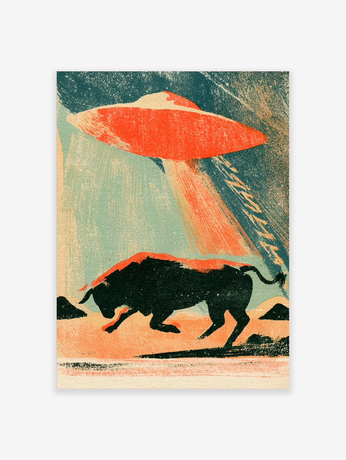 Retro sci-fi poster of a black bull under an orange UFO beaming light in a teal and beige landscape