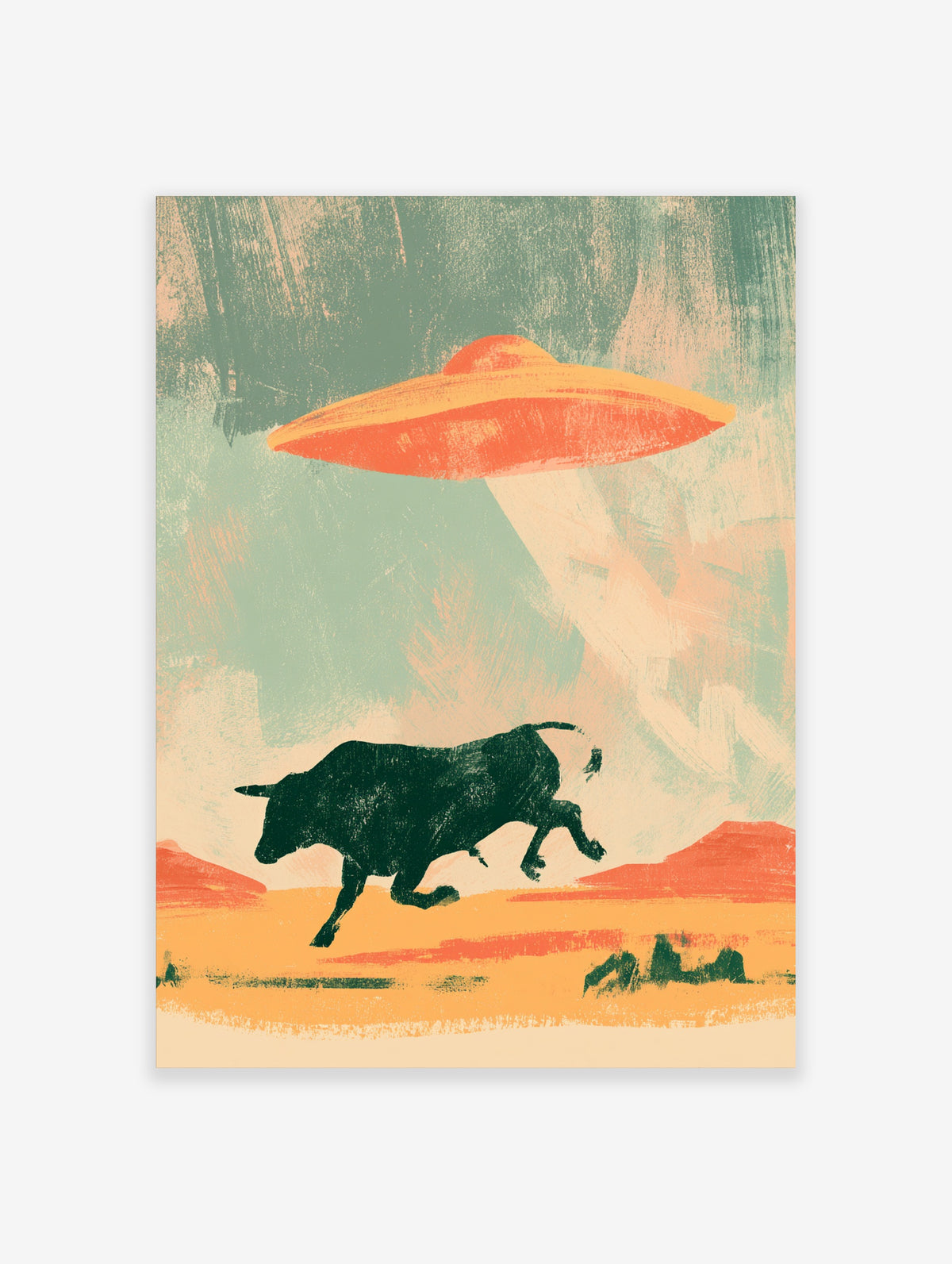 Retro UFO and bull poster with dark charging bull and orange flying saucer over desert