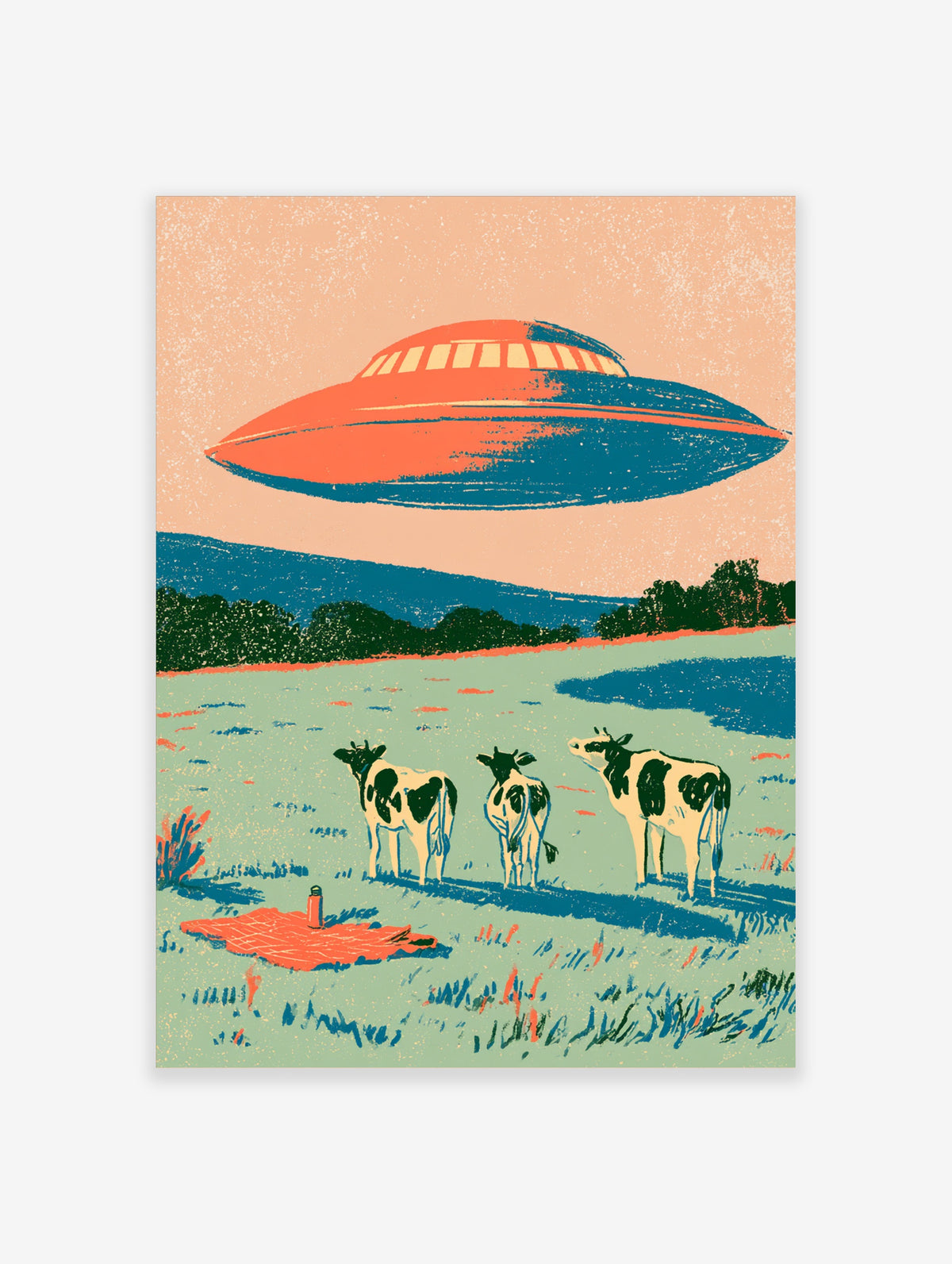 Retro UFO hovering over three cows in a field with picnic blanket, sci-fi poster