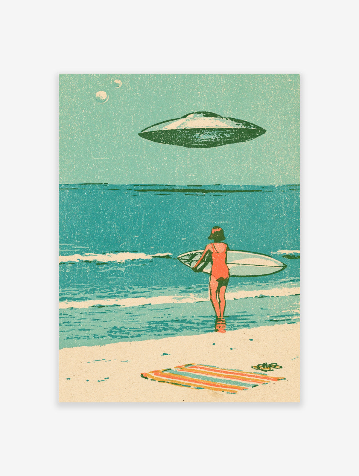 Retro UFO beach poster with surfer holding surfboard under flying saucer, teal sky