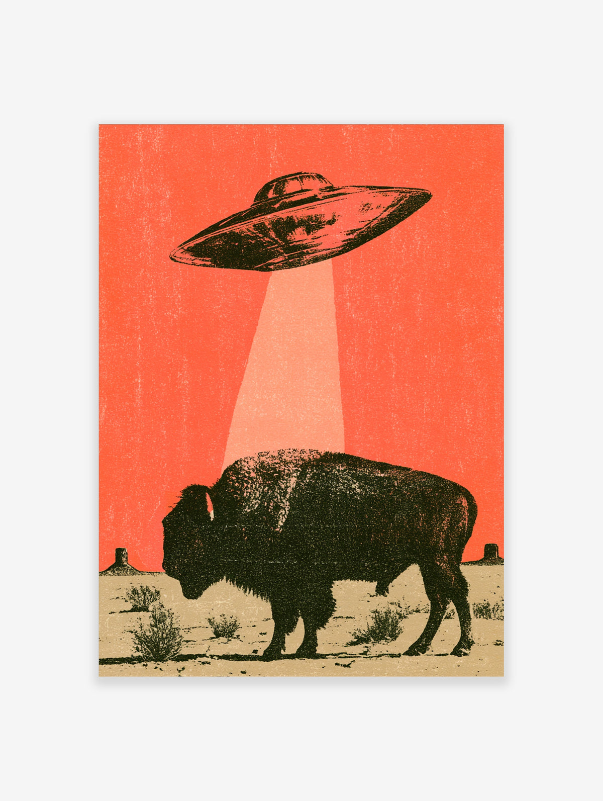 Retro UFO bison poster with flying saucer beaming light onto a dark bison in a red desert