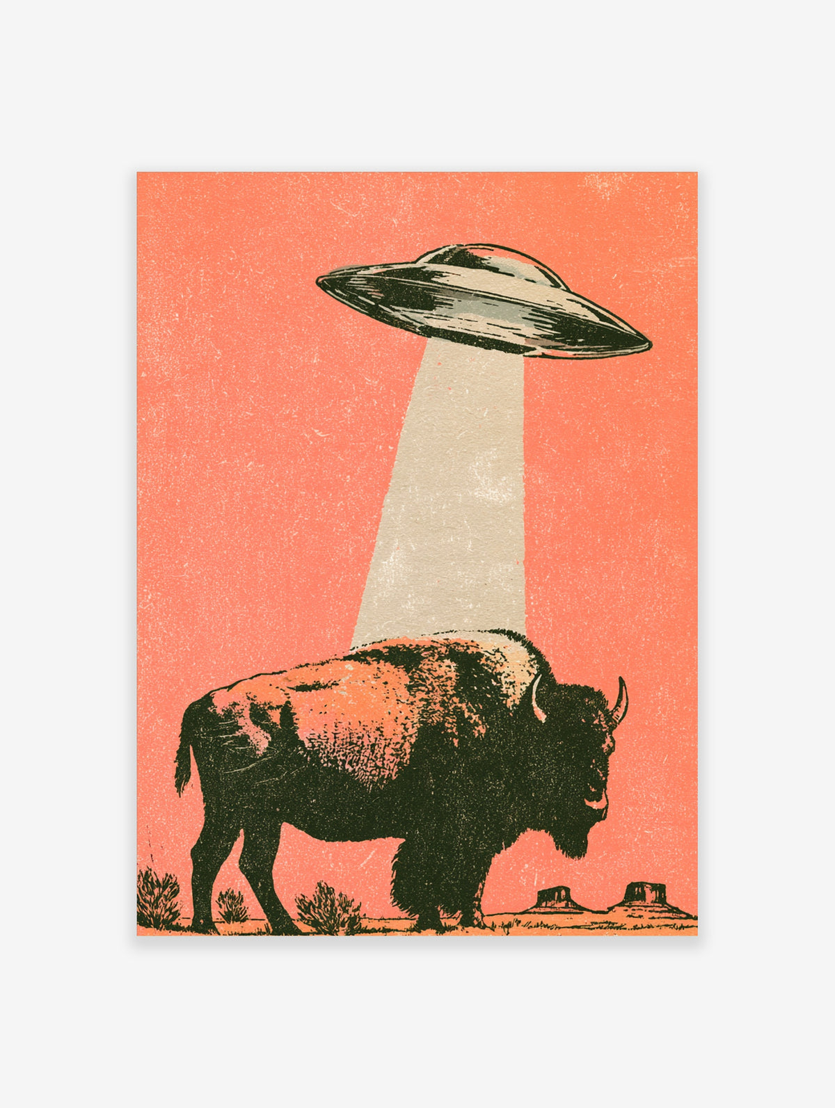 Retro UFO bison poster with flying saucer beaming light onto a buffalo in a coral desert landscape