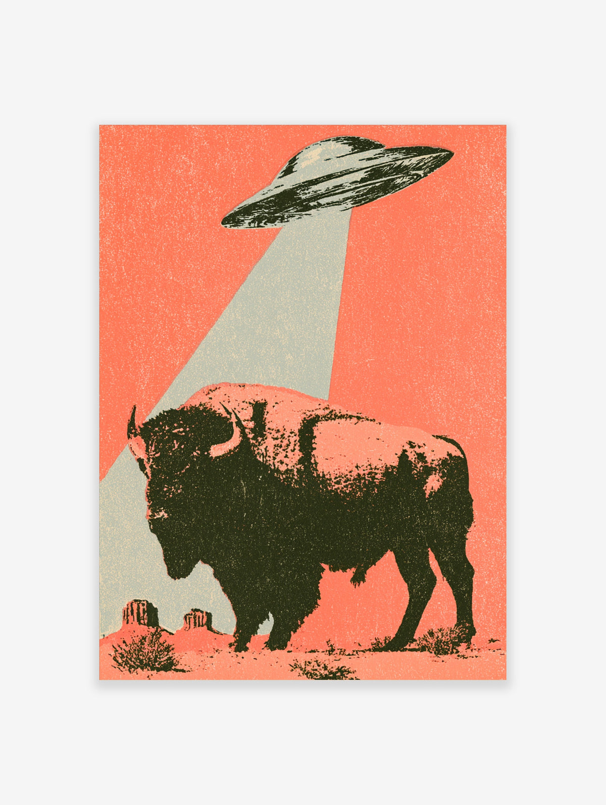 Retro UFO bison print with saucer beaming light onto a dark bison in a coral desert landscape