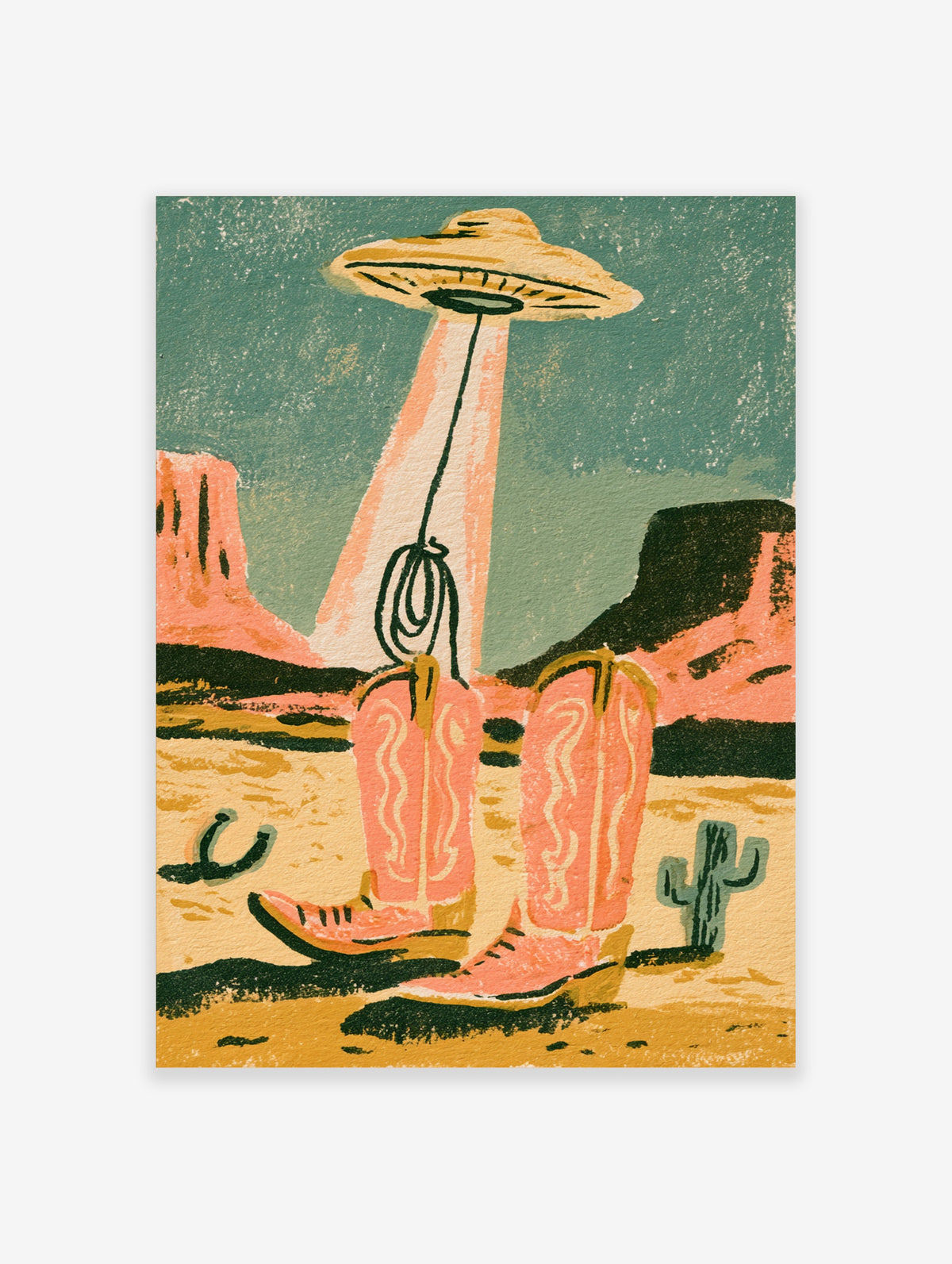 Retro UFO poster beaming up pink cowboy boots in a desert with cactus and horseshoe