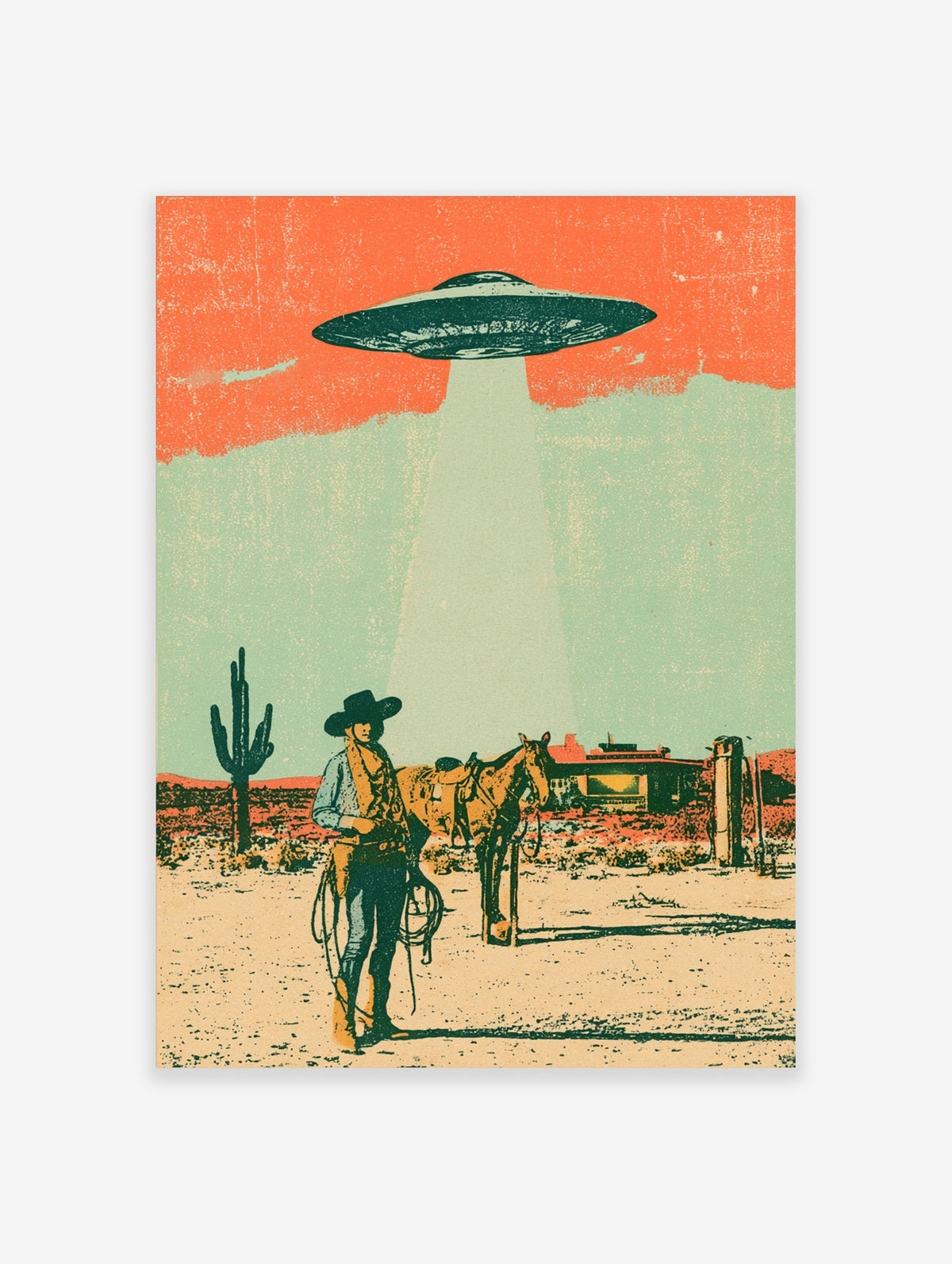 Retro UFO cowboy poster with green saucer, light beam, desert cowboy, horse and cactus