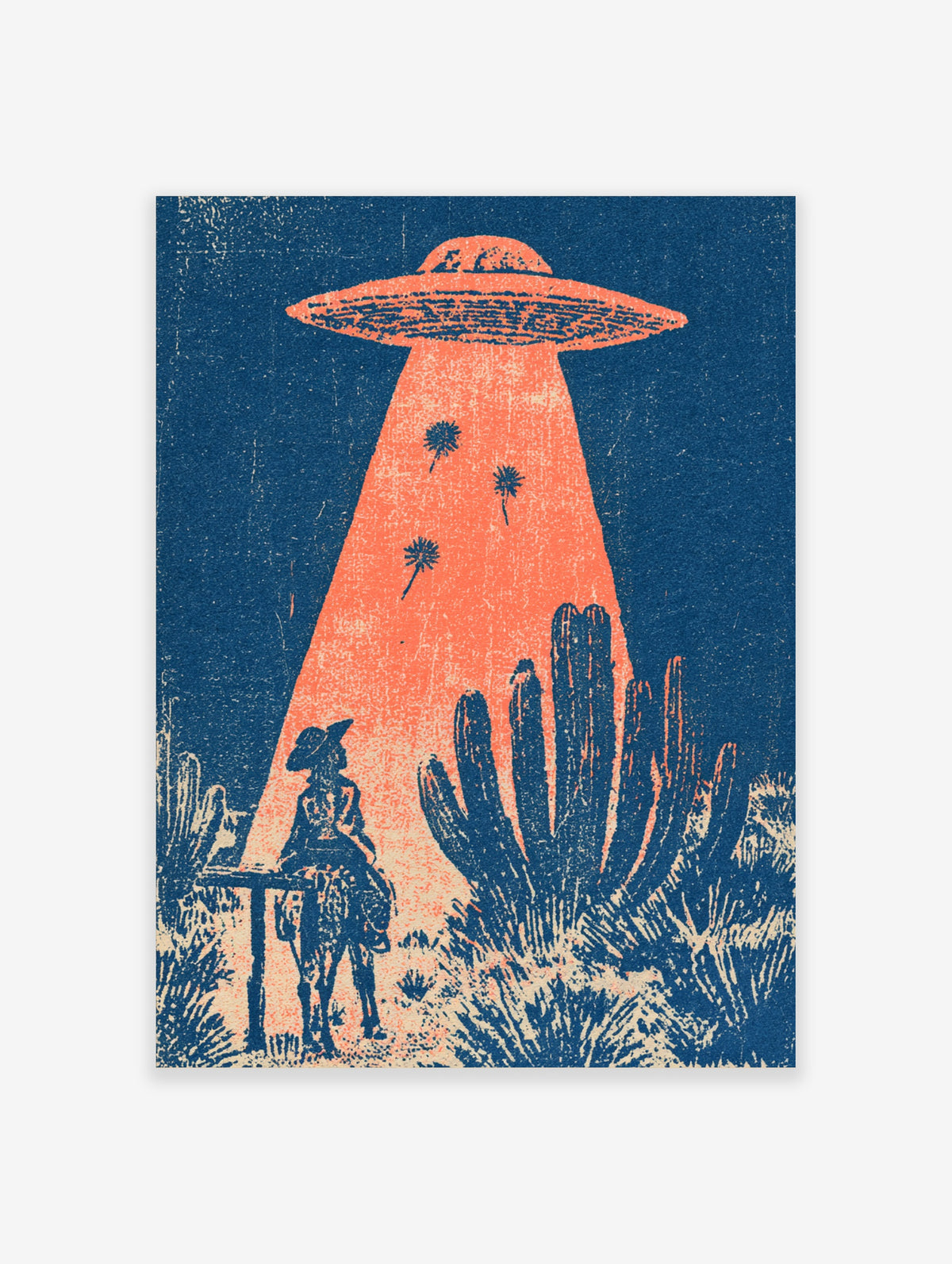 Retro UFO cowboy poster with alien beam abducting cacti in desert