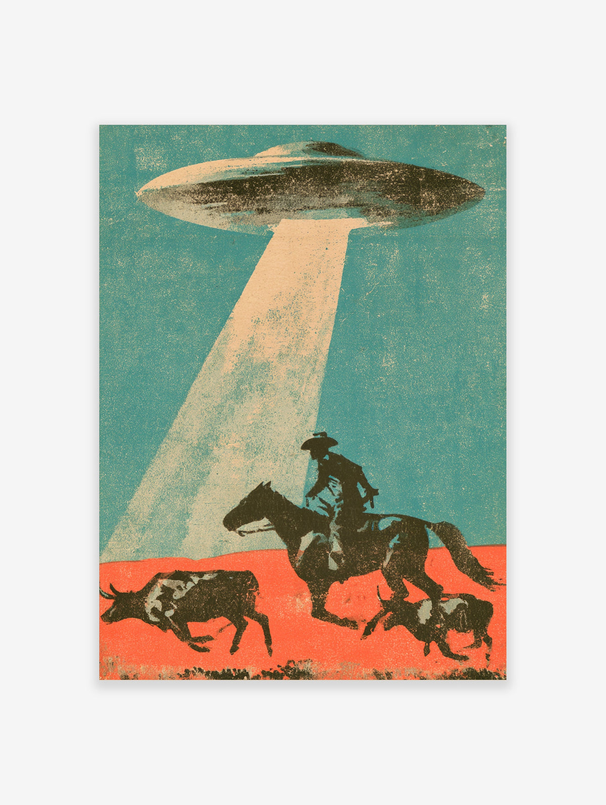 Retro UFO poster with flying saucer beaming light over cowboy on horseback and running cattle on orange ground