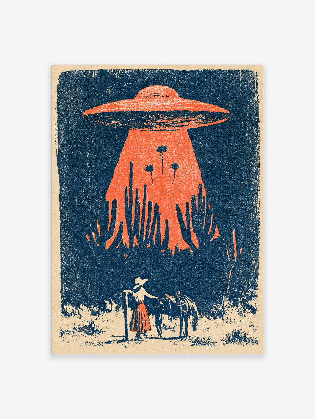 Retro UFO desert poster with cowgirl, horse, saguaro cacti and orange beam on navy background