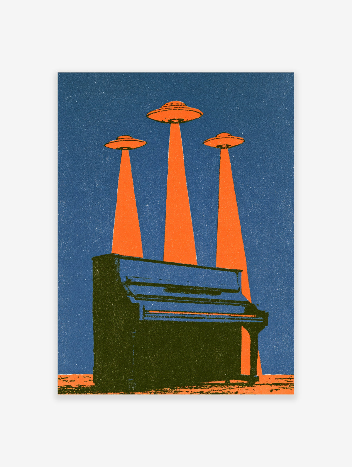 Retro sci-fi poster of a grand piano under three orange UFOs with light beams on a blue starry background