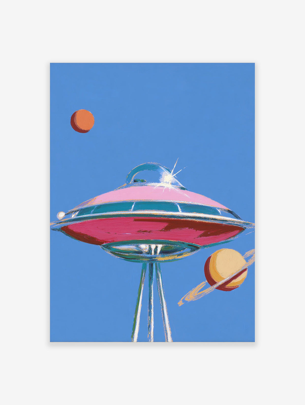 Retro UFO poster with pink flying saucer, silver tripod legs, orange planet and ringed planet on blue background