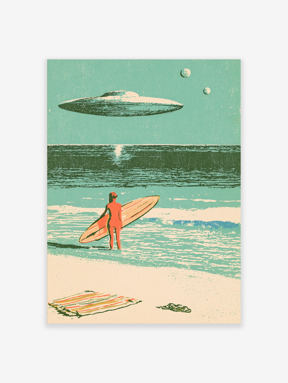 Retro sci-fi surf poster with surfer, flying saucer, two moons, and teal ocean