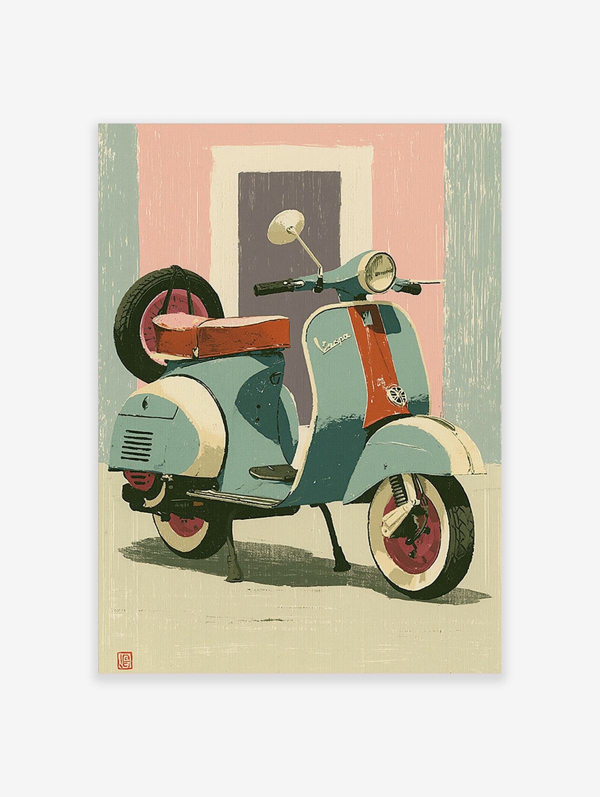 Retro Vespa scooter art print with teal body, orange panel, and spare wheel on pink background