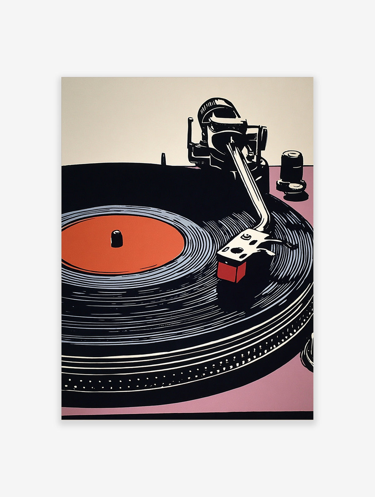 Retro turntable poster with black vinyl record, orange centre label, and stylised tonearm on pink background
