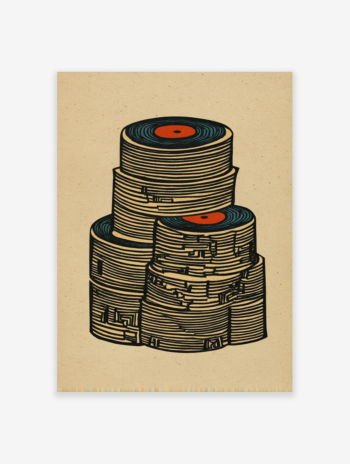 Retro vinyl record stack poster with black, teal and orange circles on beige background