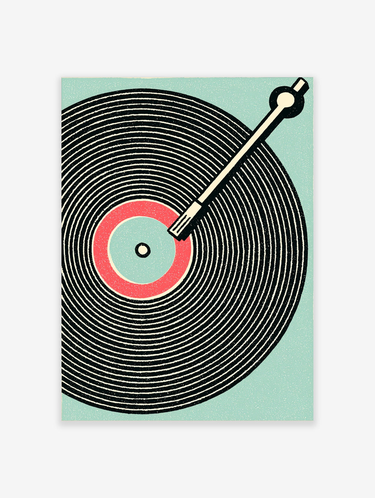 Retro vinyl record art print with black grooved disc, red and teal centre label, and turntable arm on teal background