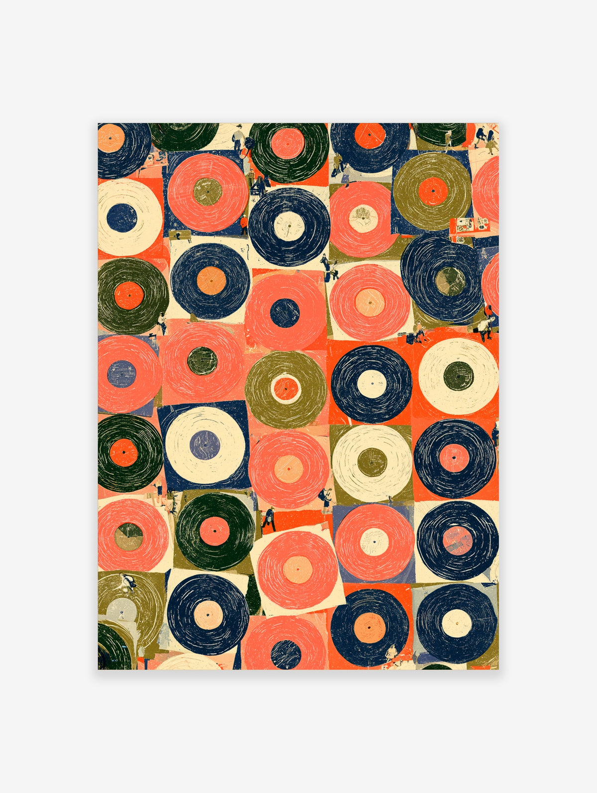 Retro vinyl records wall art print with overlapping red, blue, green and cream discs on colour blocks