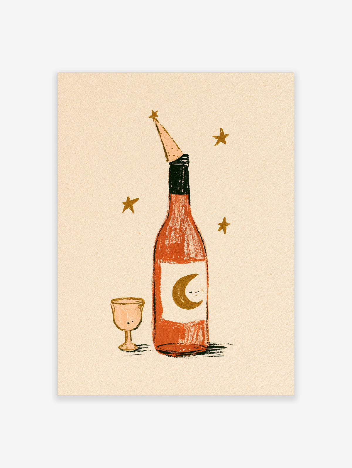 Retro wine bottle poster with smiling moon label, party hat, gold stars, and small goblet on cream background