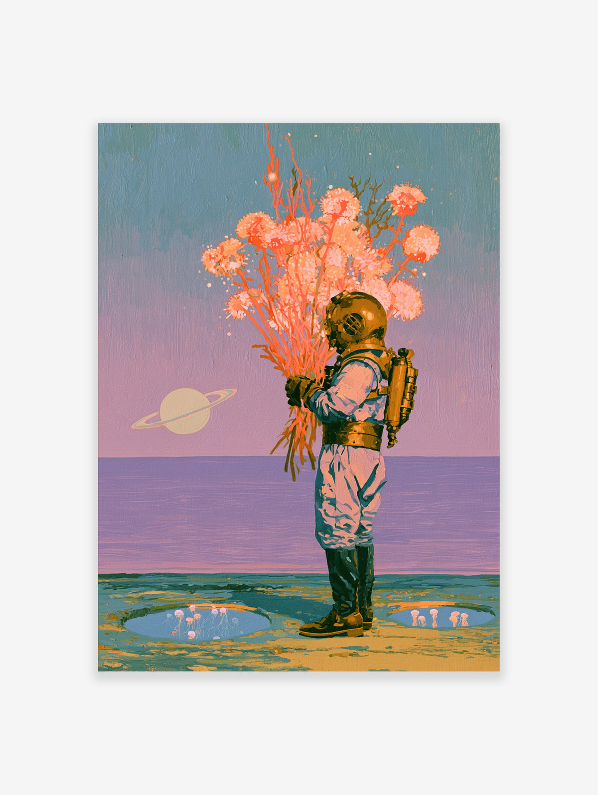 Retrofuturist astronaut holding coral bouquet poster with ringed planet and purple sea