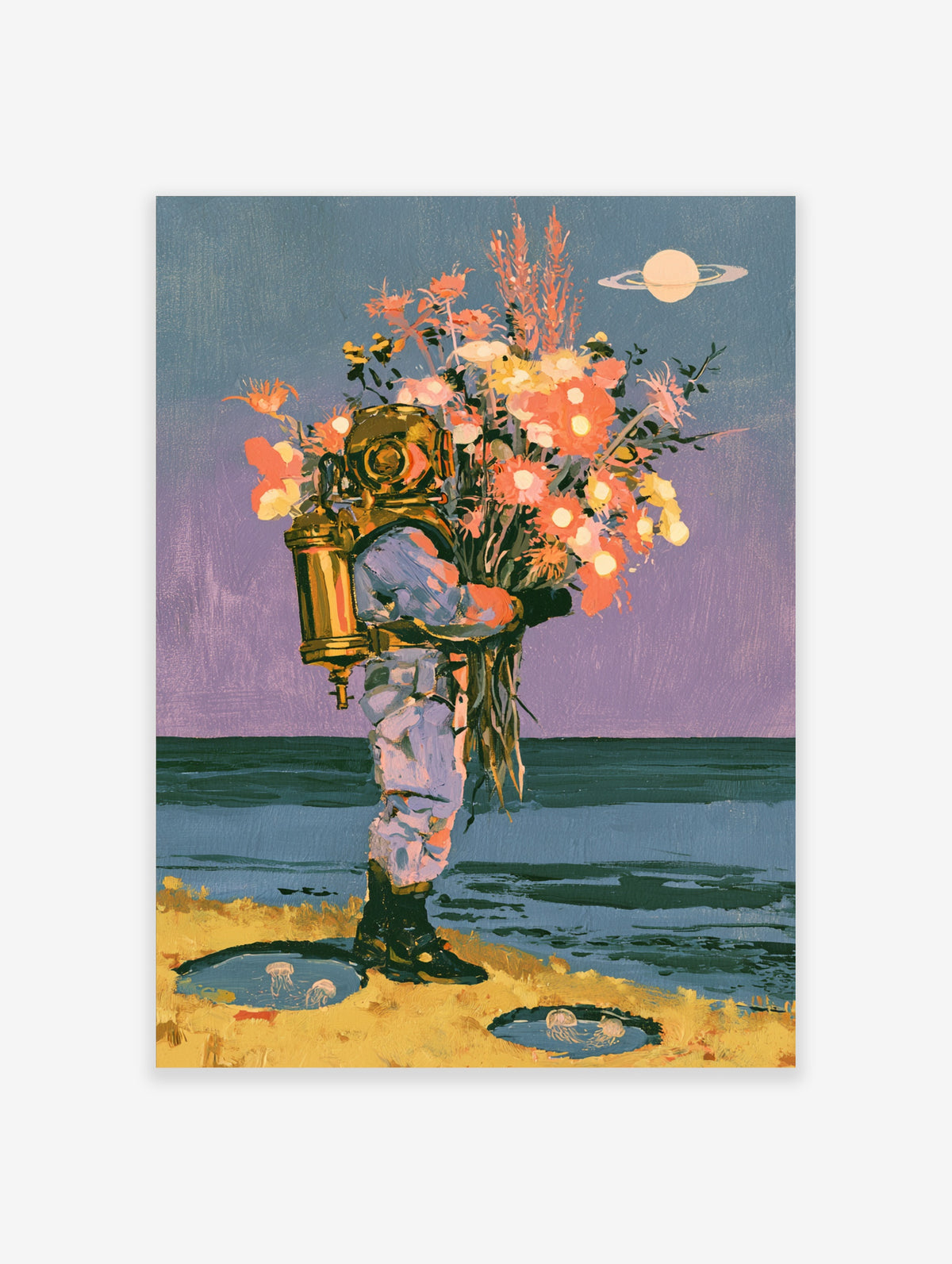 Retrofuturist astronaut in brass diving suit holding glowing flowers on a beach with ringed planet and jellyfish