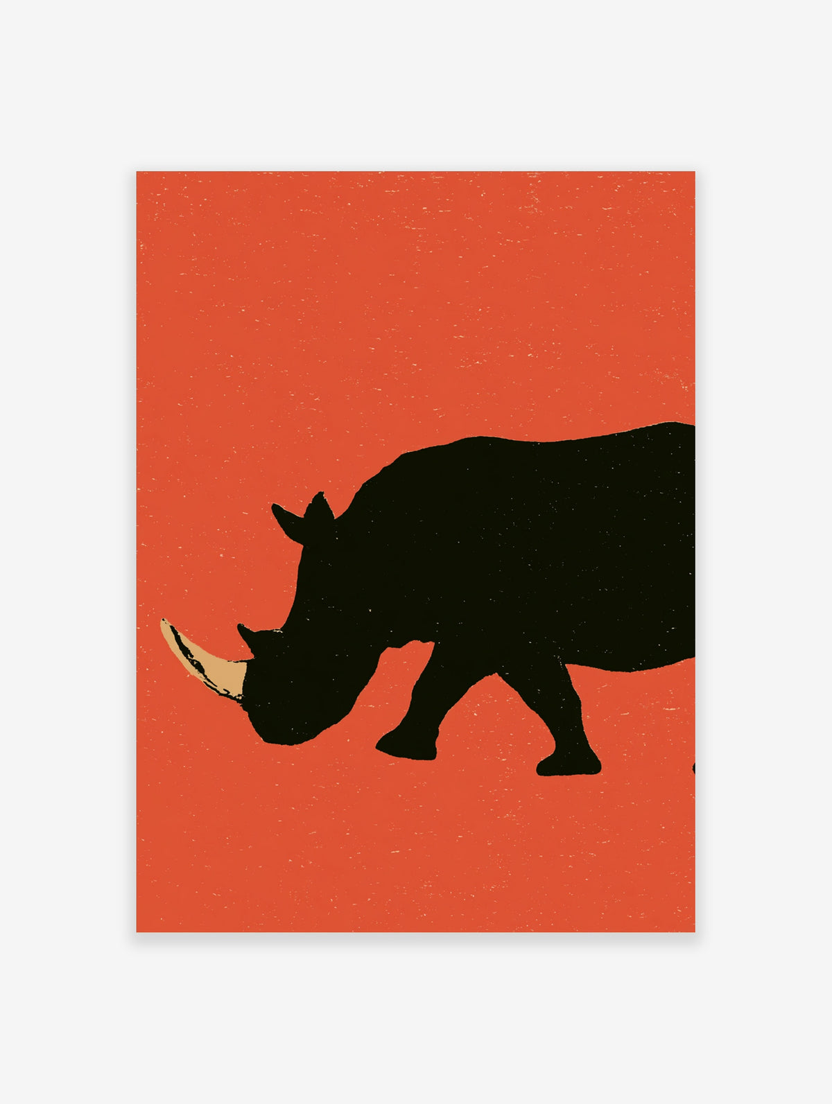 Black rhinoceros silhouette with tan horn on speckled orange background, side profile animal poster