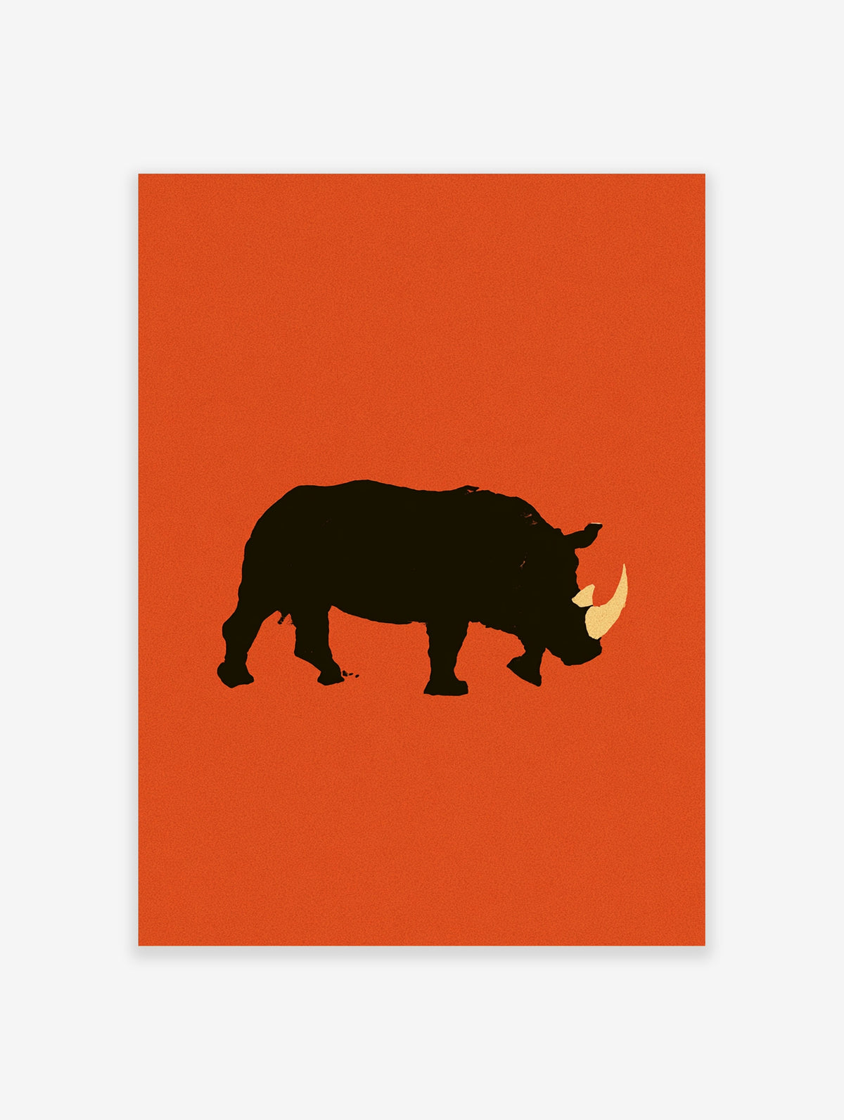 Black rhinoceros silhouette with cream horn on orange background animal poster
