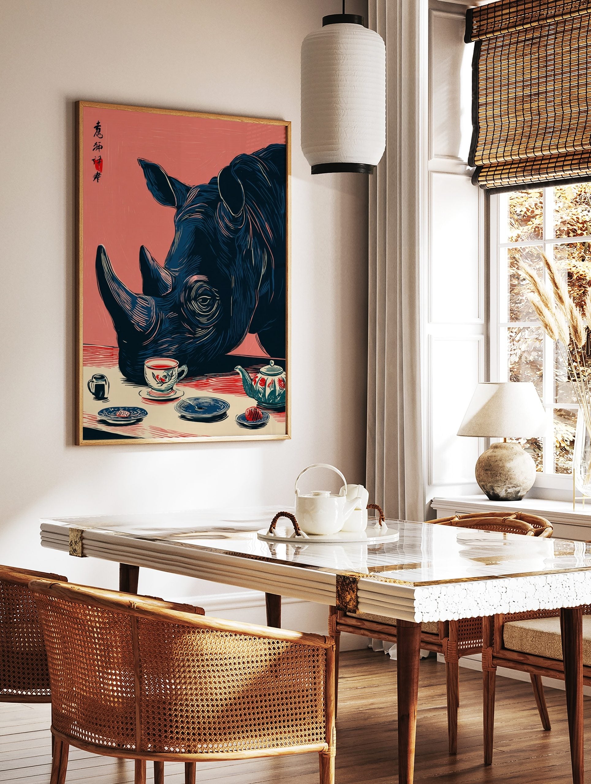 Rhinoceros head in blue, with a tea cup and pot in red and white, on a pink background, Japanese, in a styled room mockup