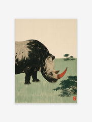 Stylized rhinoceros illustration with red horn and green field background art print