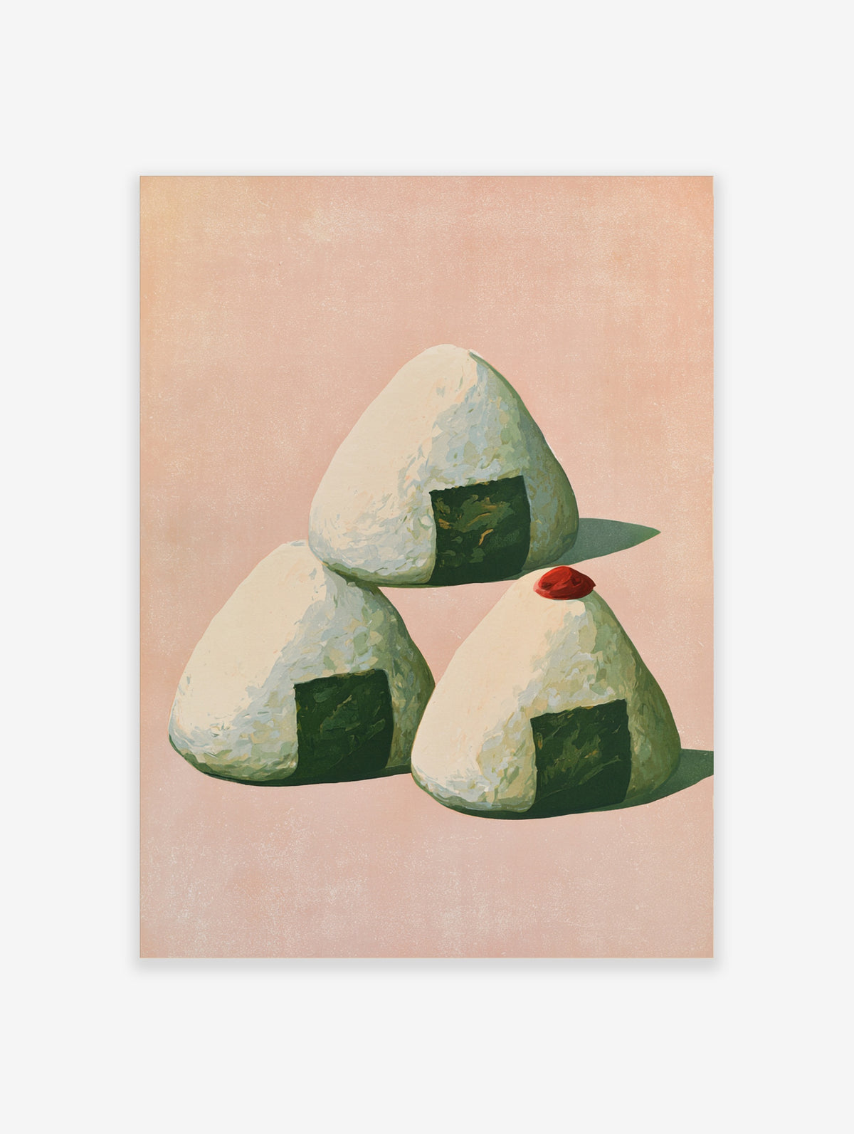 Japanese onigiri rice ball poster with three textured rice balls, dark green nori, and a red umeboshi on a peach background