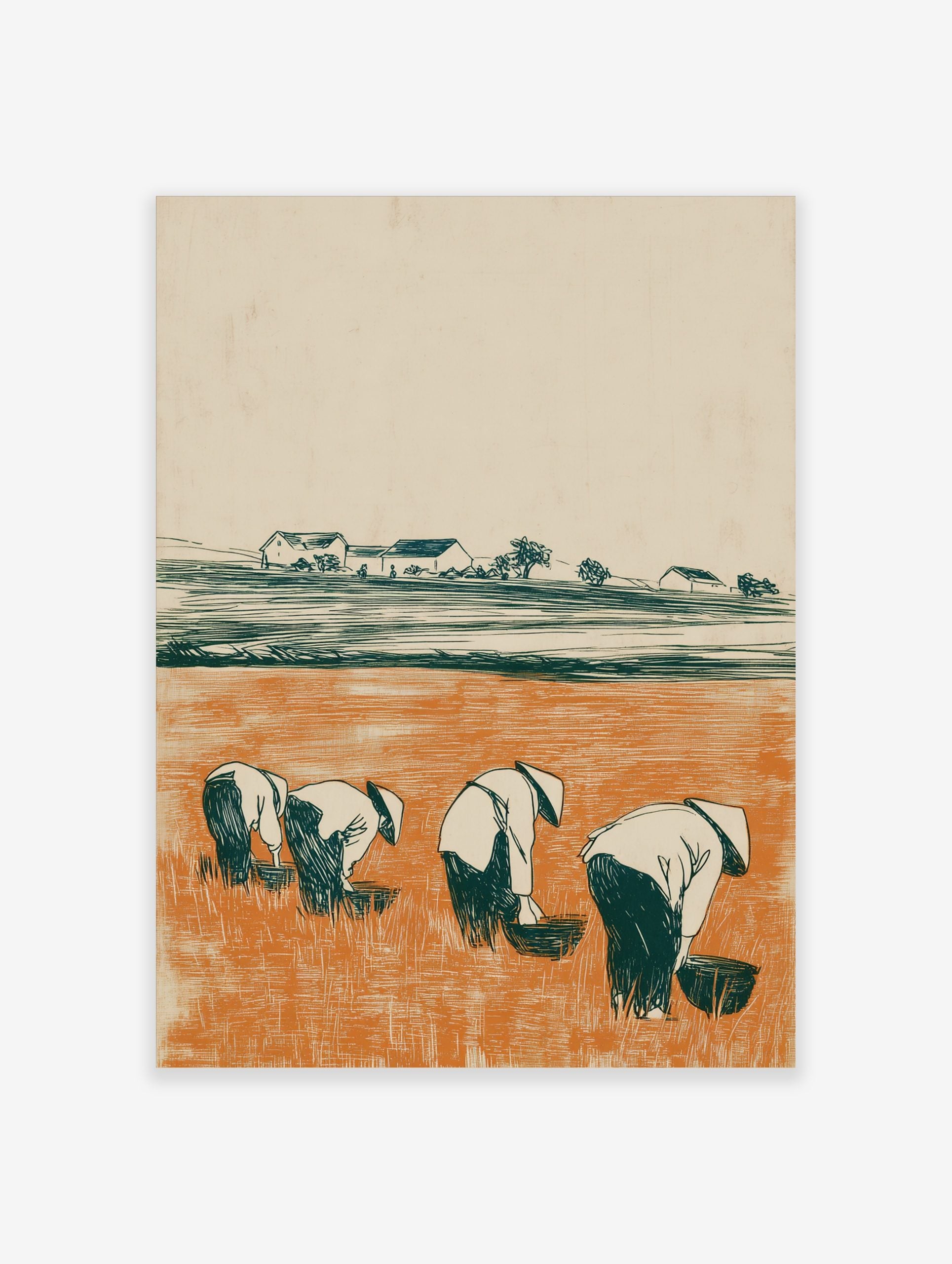 Illustrative print of four figures in conical hats working in an orange rice paddy field with distant farm houses
