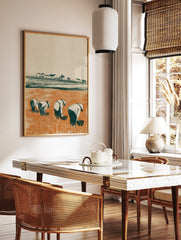 Illustrative print of four figures in conical hats working in an orange rice paddy field with, in a styled room mockup
