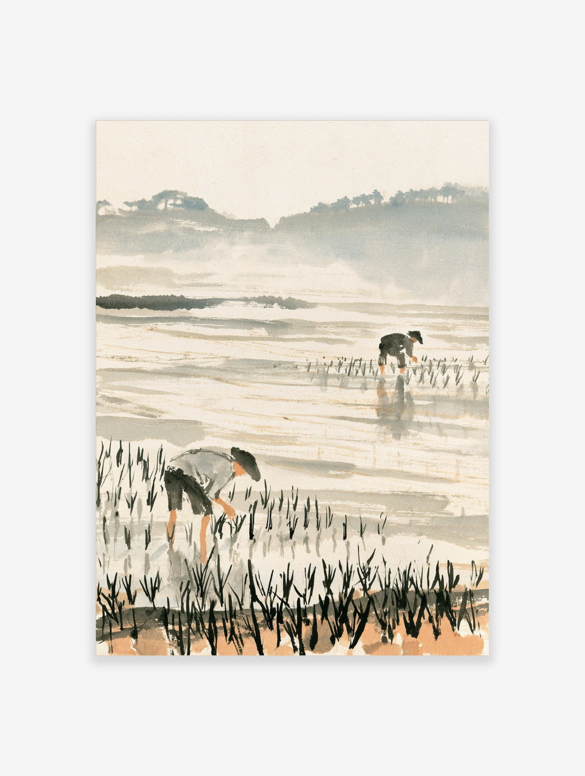 Rice paddy field art print with two farmers planting seedlings in water and misty hills behind