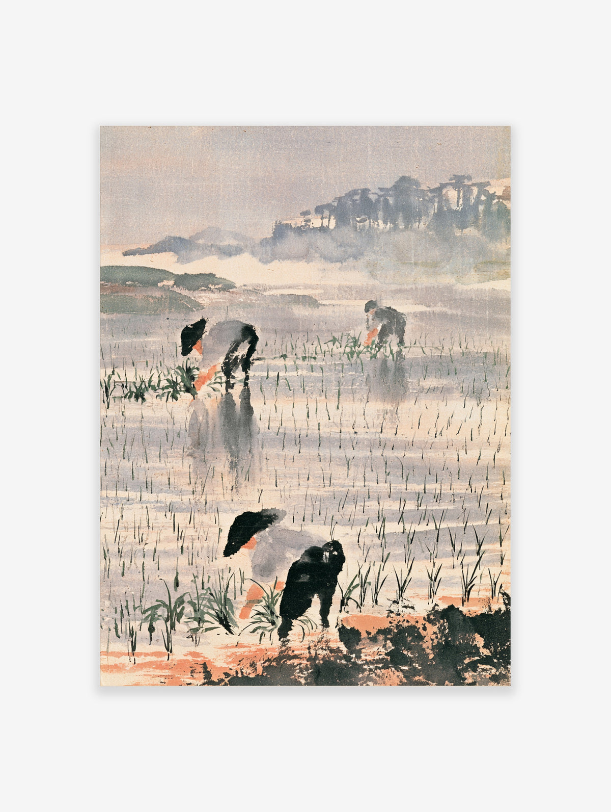 Japanese rice planting art print showing farmers in a flooded paddy field with misty mountains behind