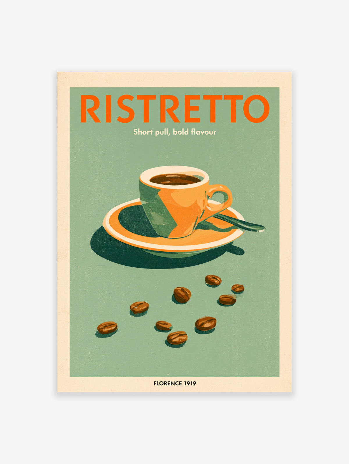 Ristretto coffee poster with orange cup, saucer, spoon, coffee beans and bold typography on green background
