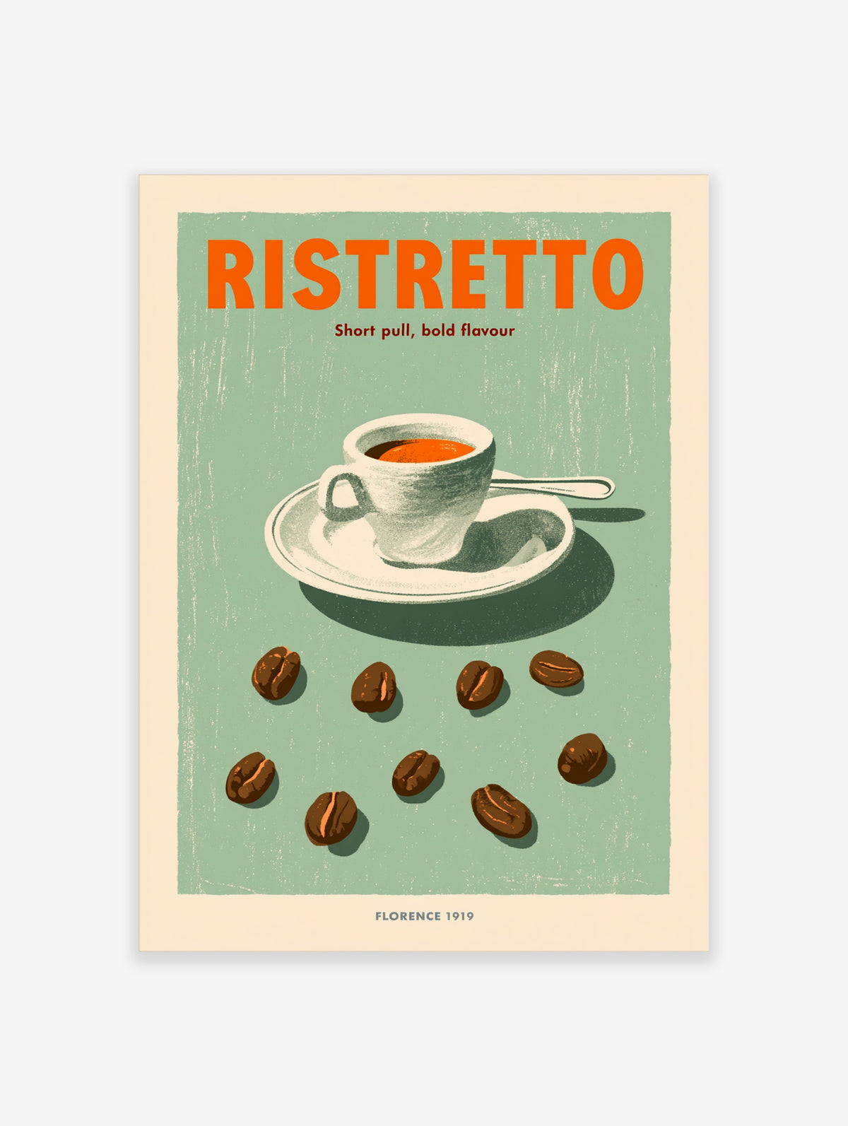 Ristretto coffee poster with orange typography, white cup and saucer, scattered beans on teal background